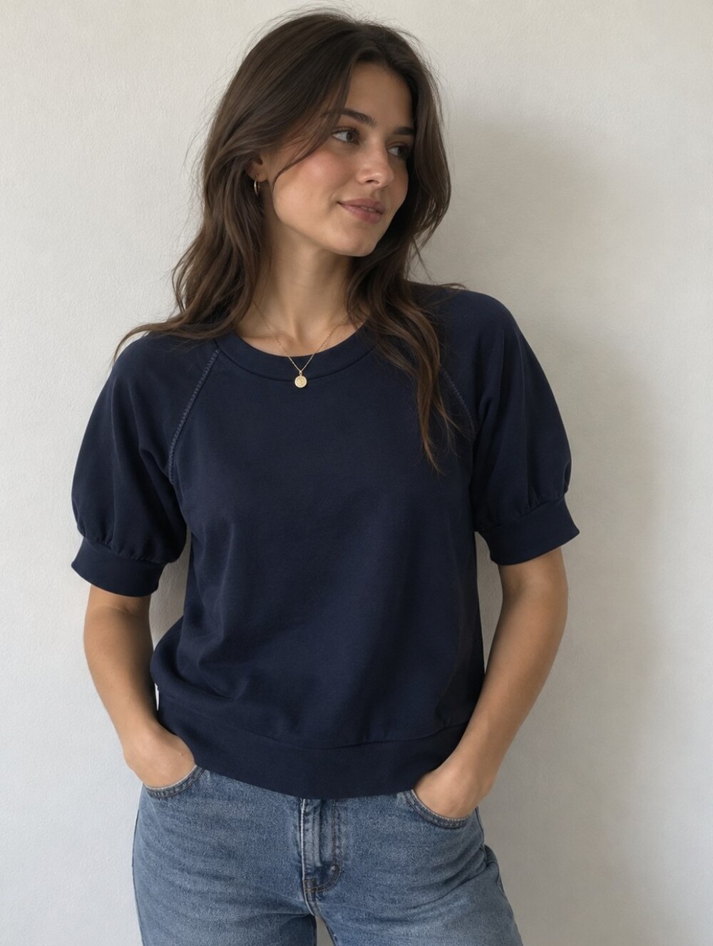Morgin Navy Blue Puff Sleeve Short Sleeve Sweatshirt Top Size Large